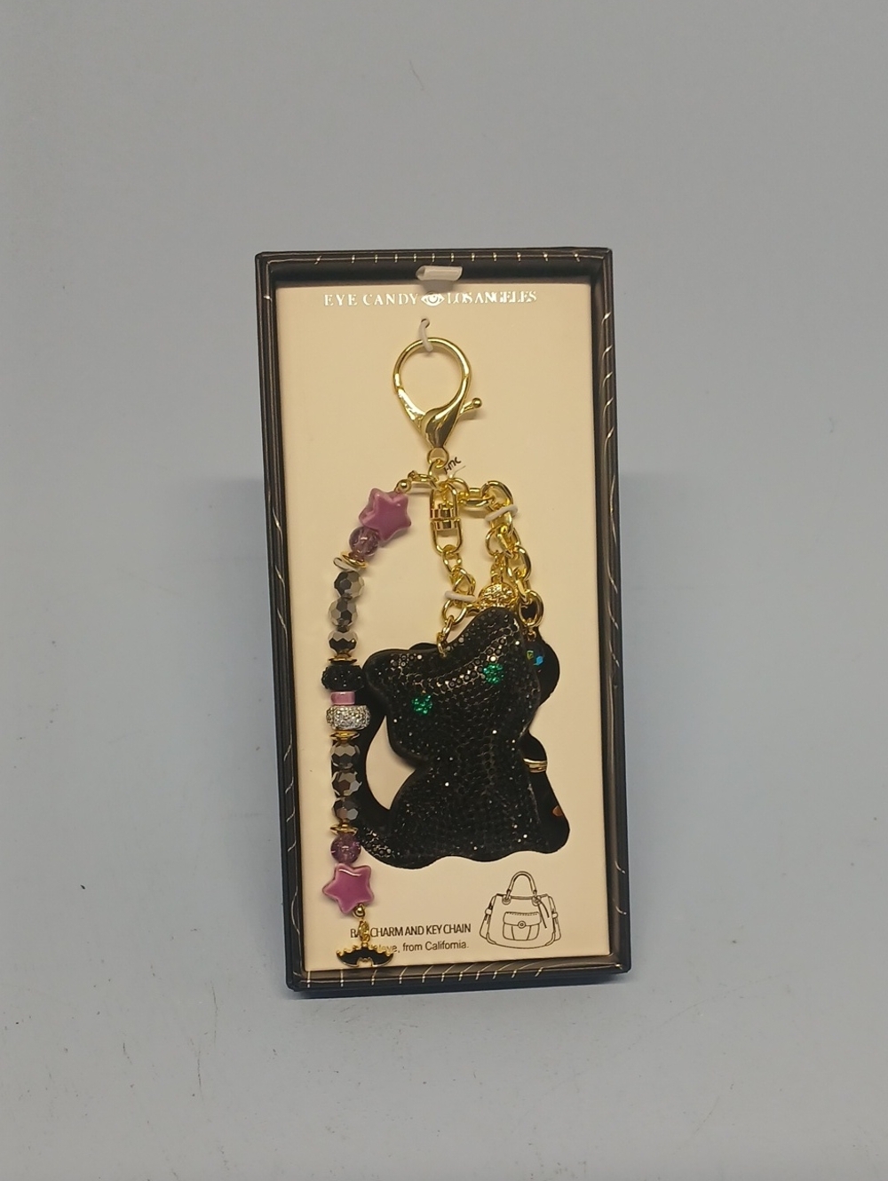 Shimmering Black Cat Charm & Keychain with Gold Hardware by Eye Candy